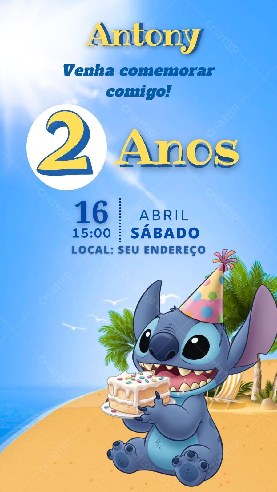 Convite de Aniversário Infantil Stitch Praia Editável no Canva