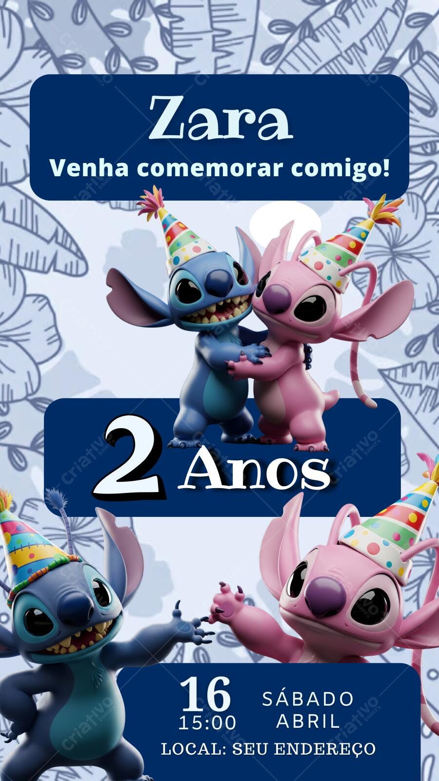 Convite de Aniversário Infantil Stitch Azul e Rosa Editável no Canva