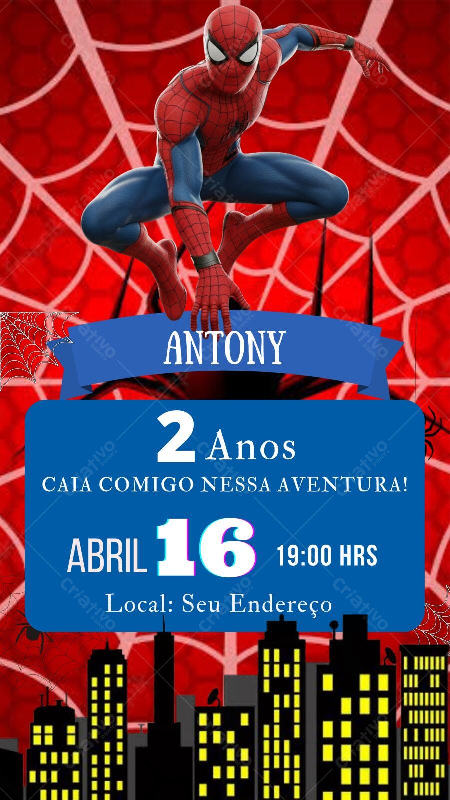 Convite de Aniversário Homem-Aranha Vermelho e Azul Editável no Canva