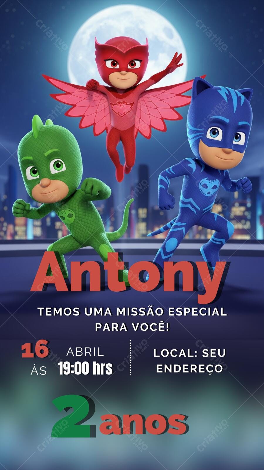 Convite de Aniversário PJ Masks Heróis Noturnos Editável no Canva