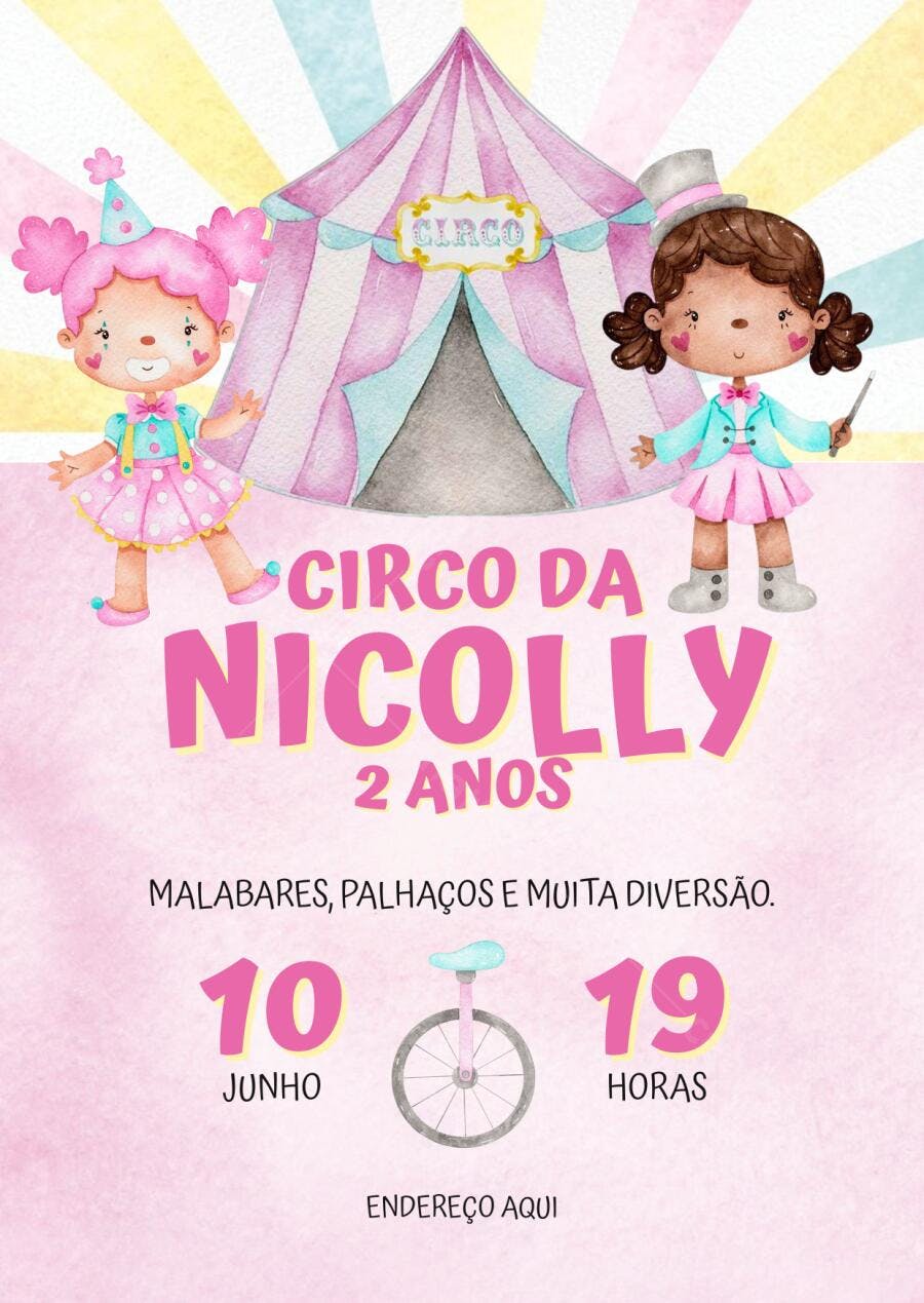 Convite de Aniversário Infantil Circo Rosa e Azul Editável no Canva