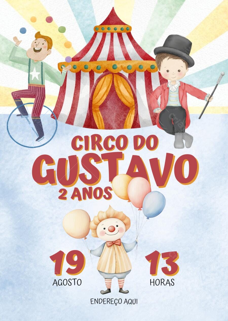 Convite Festa Infantil Circo com Palhaços Editável no Canva