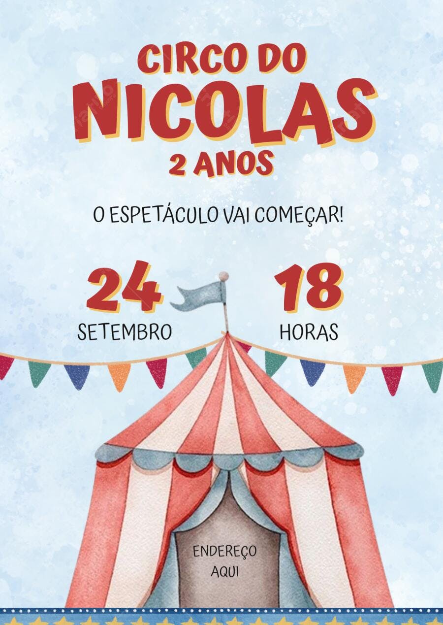 Convite Festa Infantil Circo Nicolas Editável no Canva