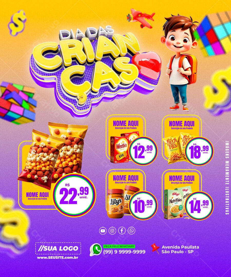 Flyer Dia das Crianças com Produtos PSD Editável