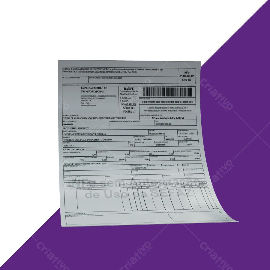 Mockup de DANFE Nota Fiscal Eletrônica Realista em Fundo Roxo para Transporte