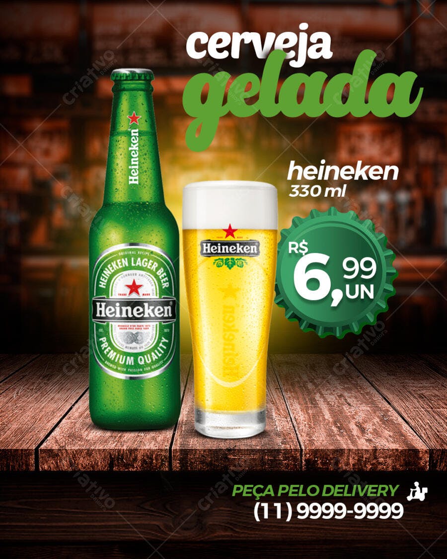 Flyer Cerveja Gelada Heineken para Delivery R$ 6,99 PSD Editável