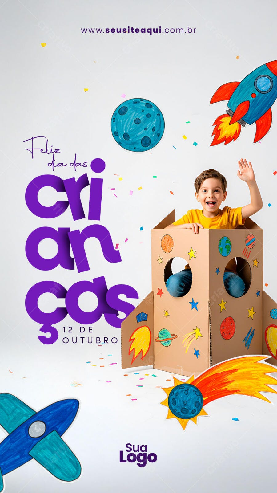 Flyer Dia das Crianças com tema espacial PSD Editável
