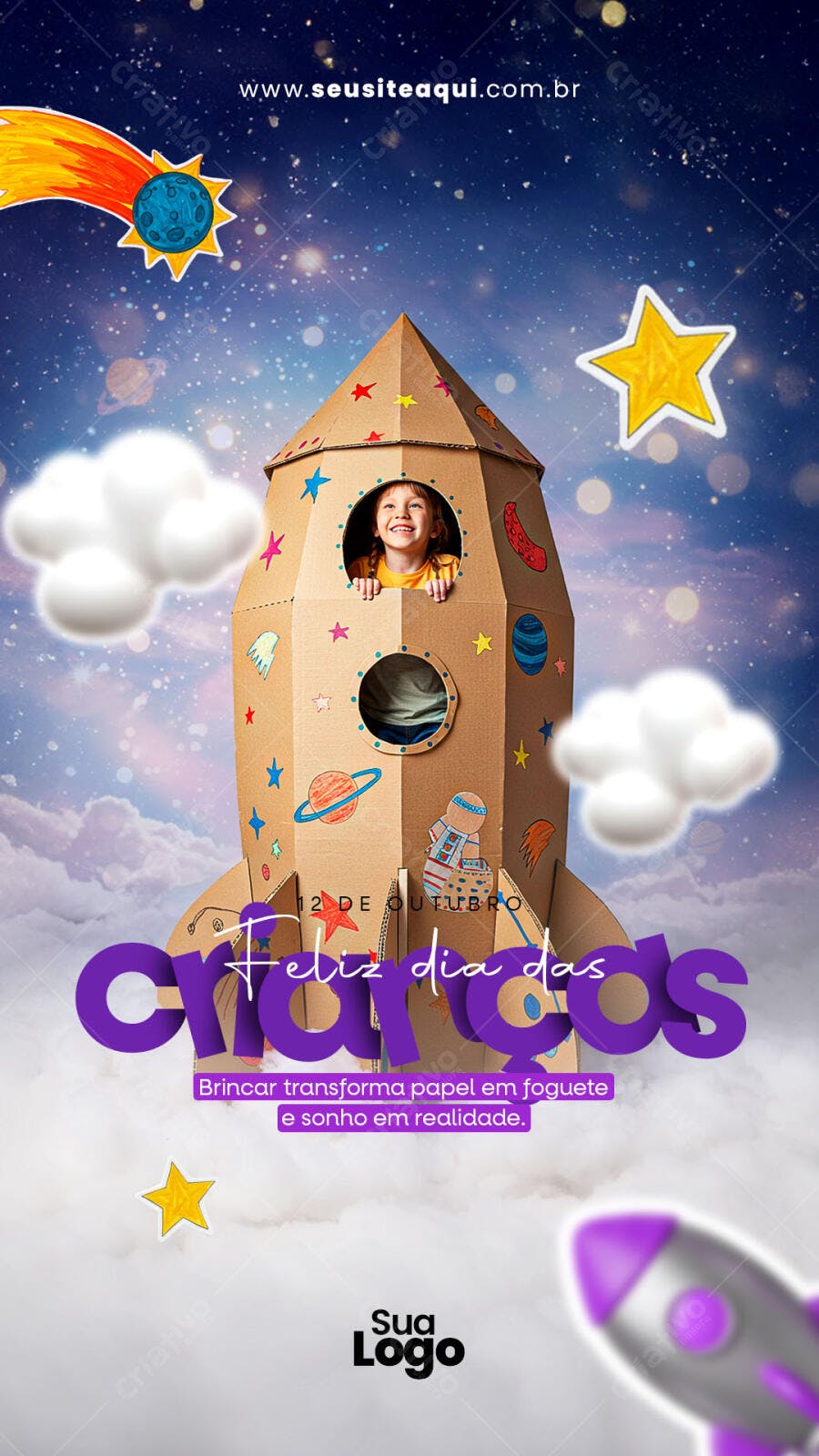 Flyer Dia das Crianças Foguete Cartão PSD Editável