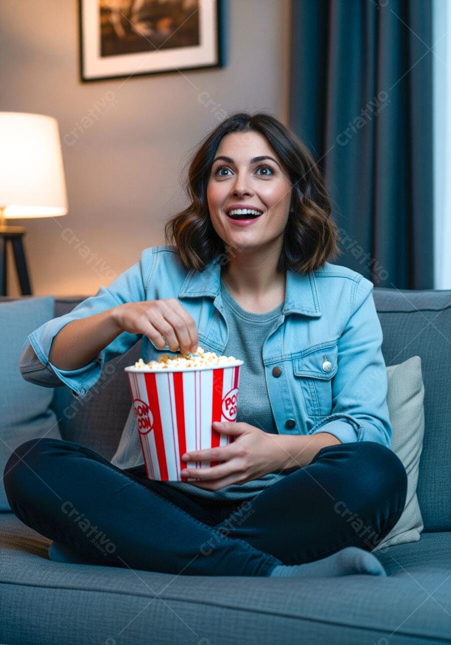 Mulher assistindo filme com pipoca