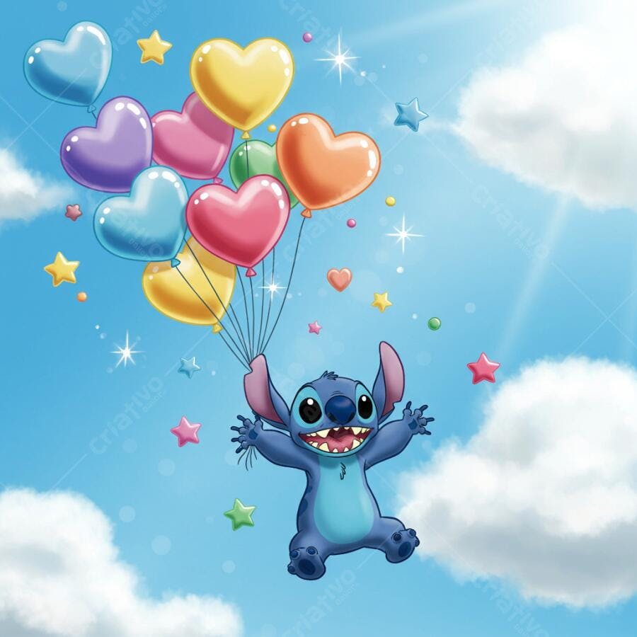 Stitch voando com balões em formato de coração