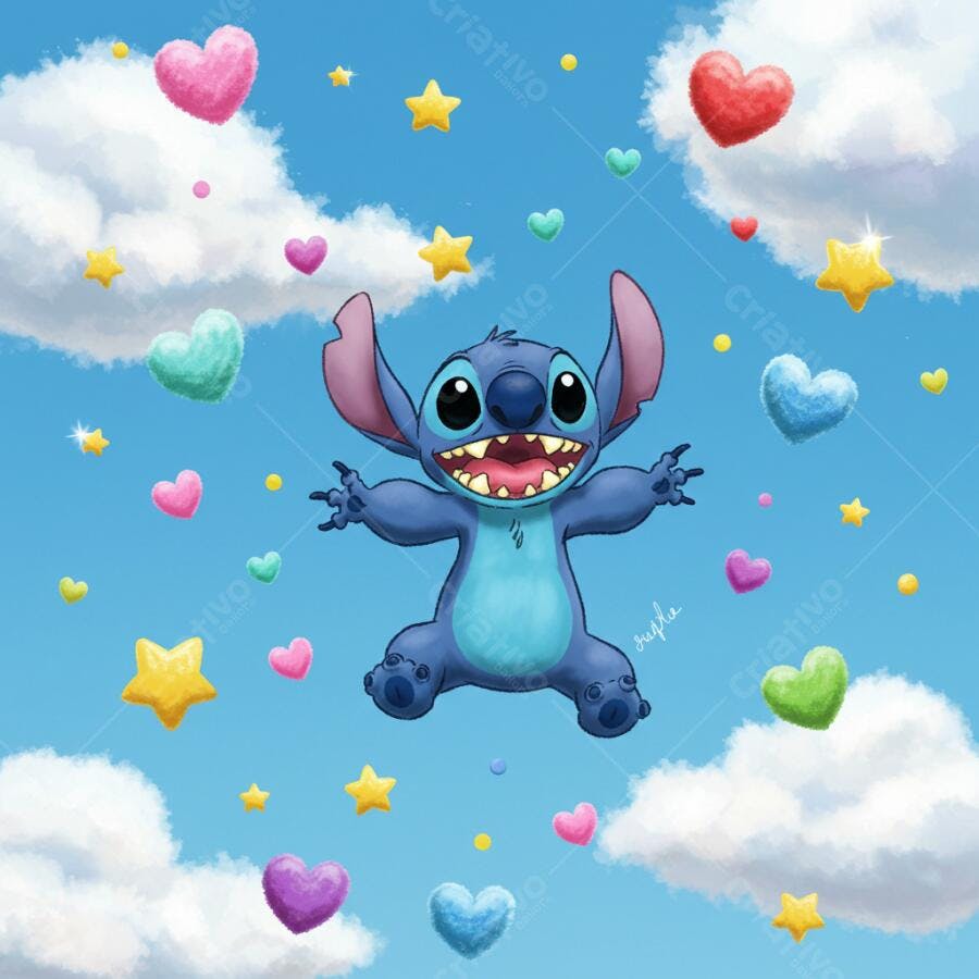 Stitch voando entre corações e estrelas