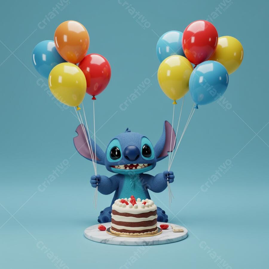 Stitch com bolo e balões de aniversário