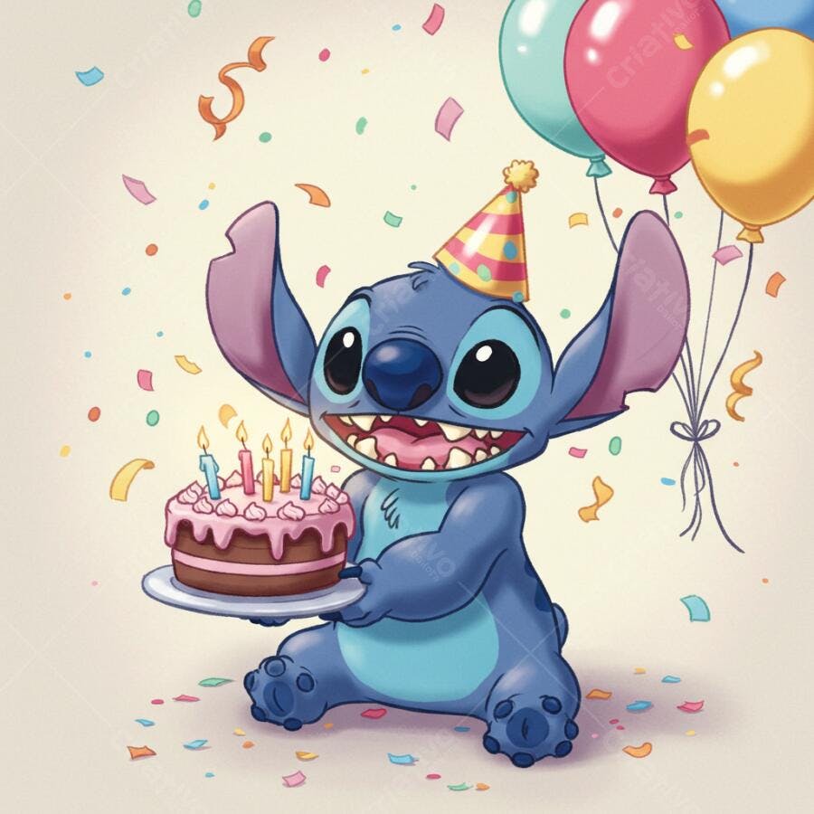 Stitch com bolo de aniversário e balões