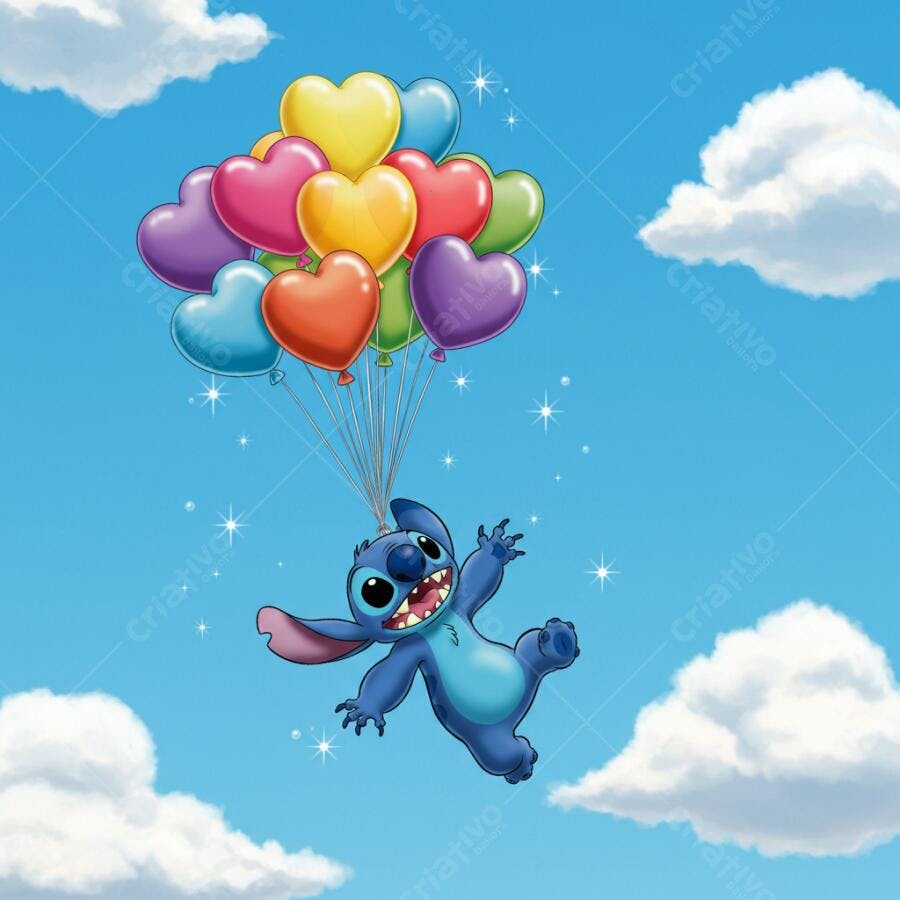 Stitch voando com balões em formato de coração
