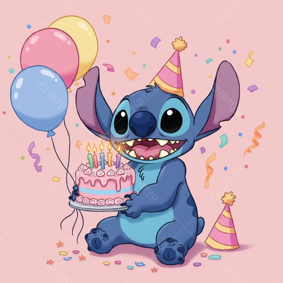 Stitch com bolo de aniversário