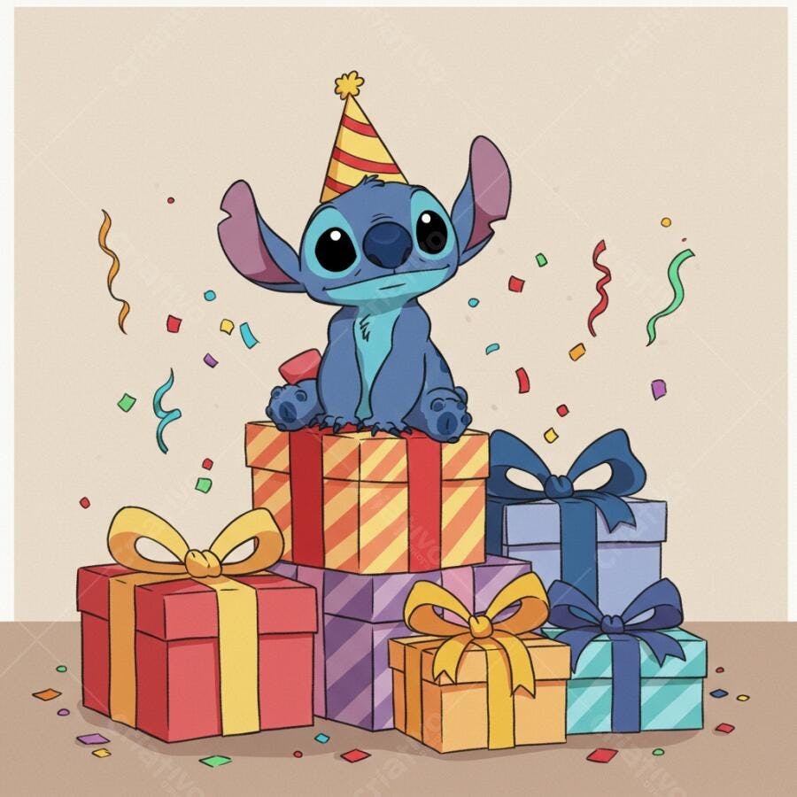 Stitch Aniversário em Montanha de Presentes