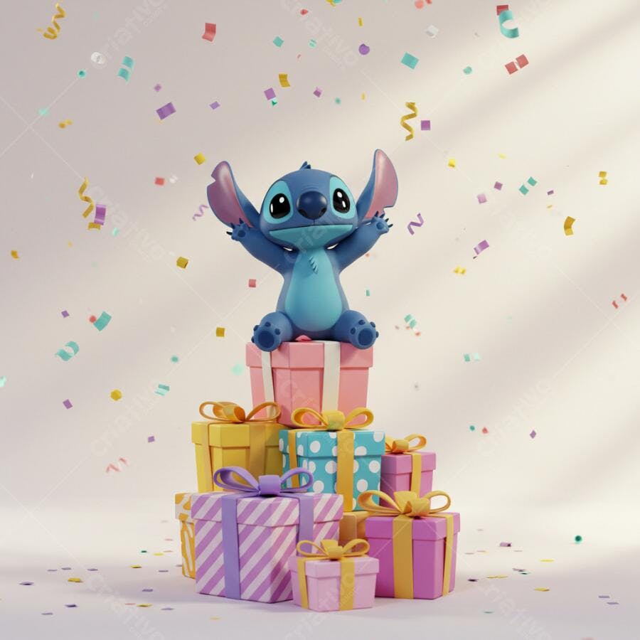 Stitch em pilha de presentes coloridos