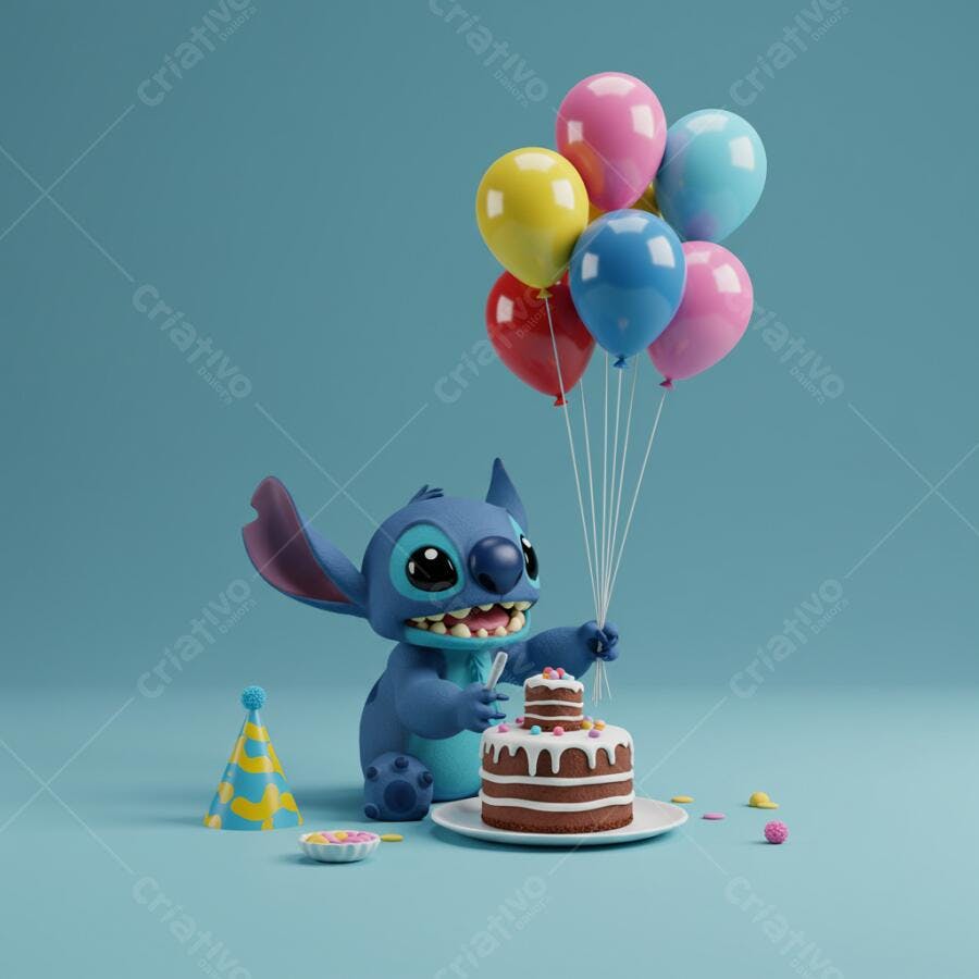 Stitch com bolo e balões festa aniversário