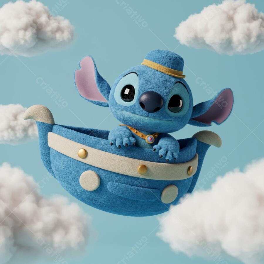 Stitch azul em nave espacial entre nuvens