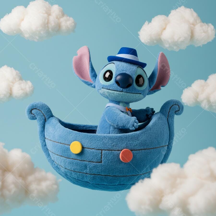 Stitch em barco azul voando nas nuvens