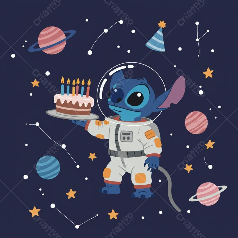 Stitch Astronauta com Bolo de Aniversário