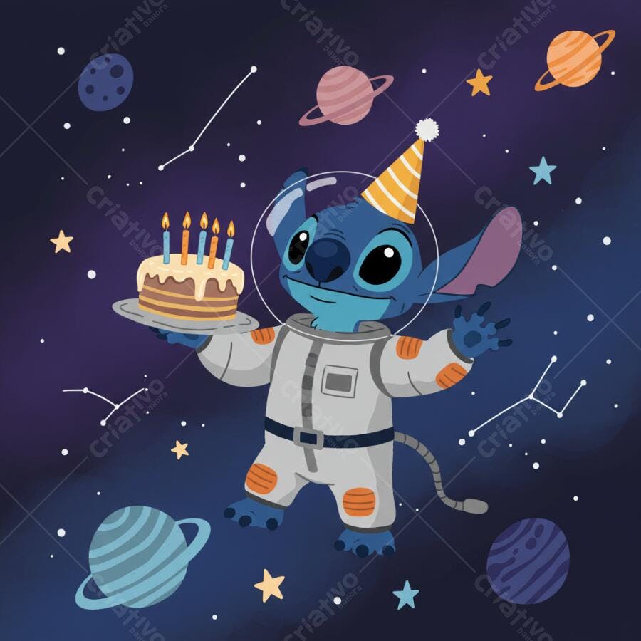 Stitch Astronauta com Bolo de Aniversário