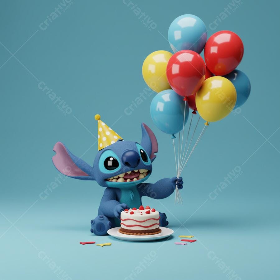 Stitch com bolo e balões de aniversário