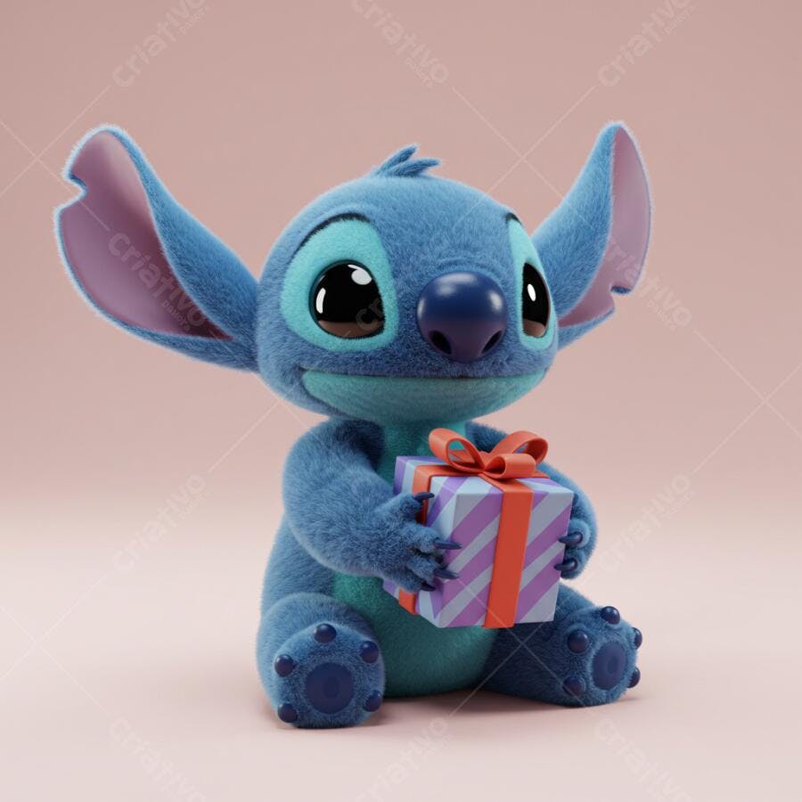 Stitch com presente azul e lilás