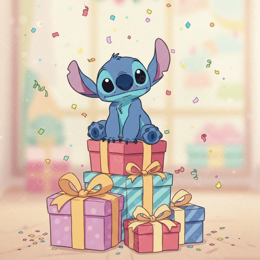 Stitch em pilha de presentes de aniversário