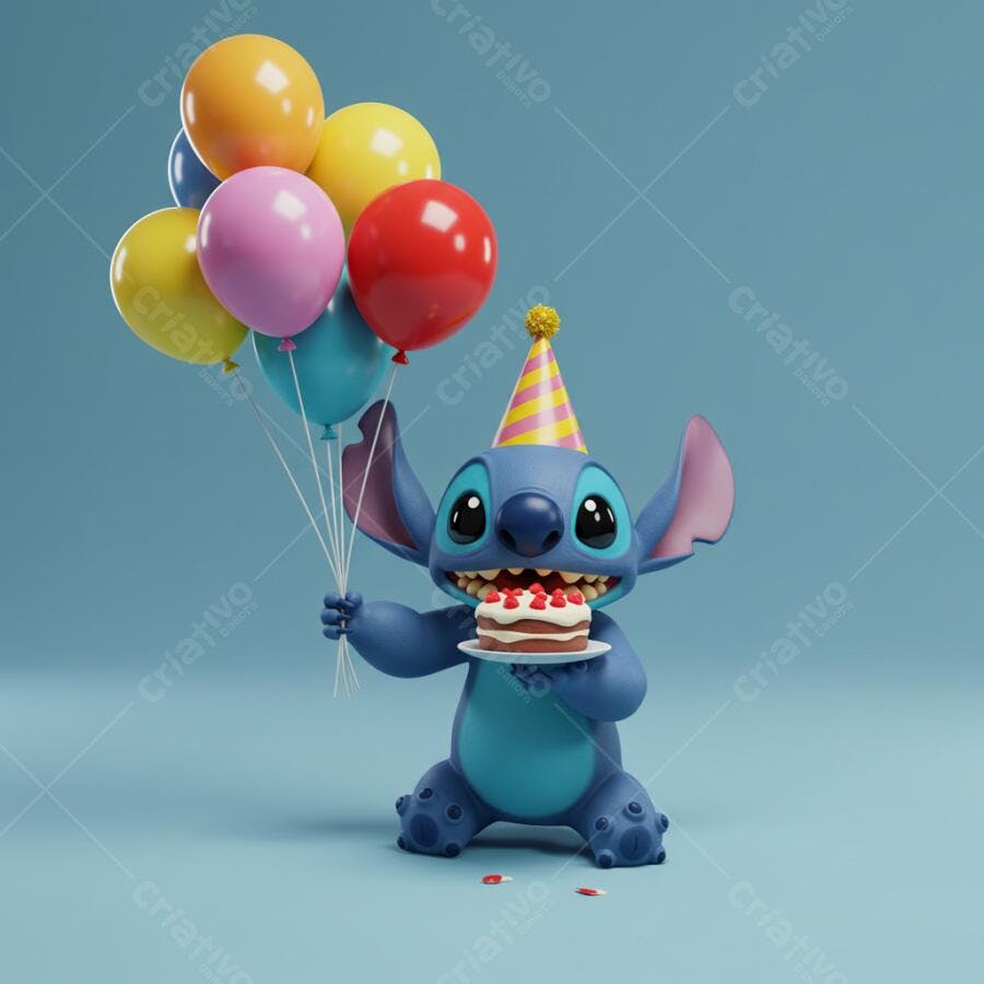 Stitch com bolo e balões festa aniversário