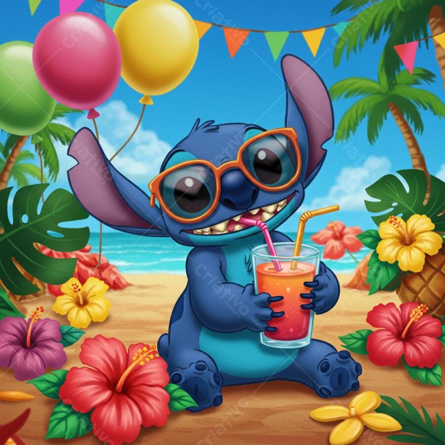 Stitch na praia com bebida tropical