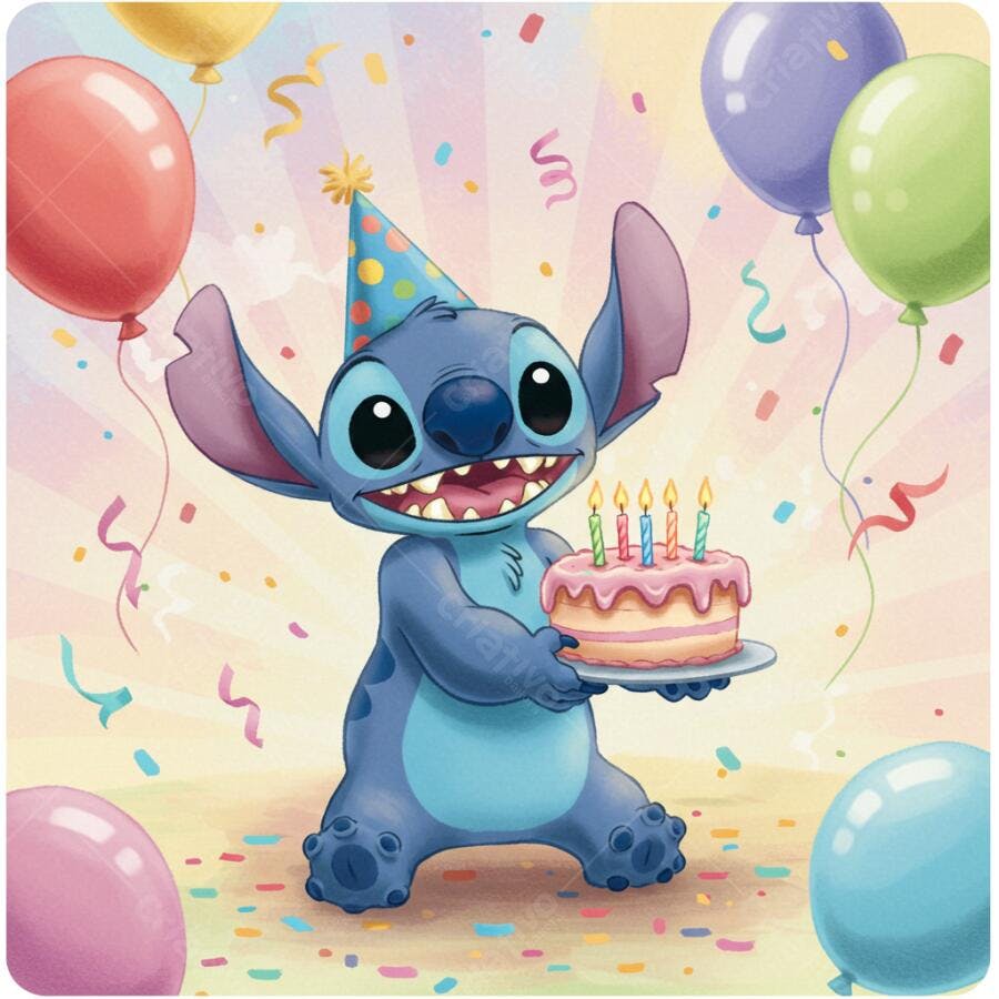 Stitch com bolo de aniversário