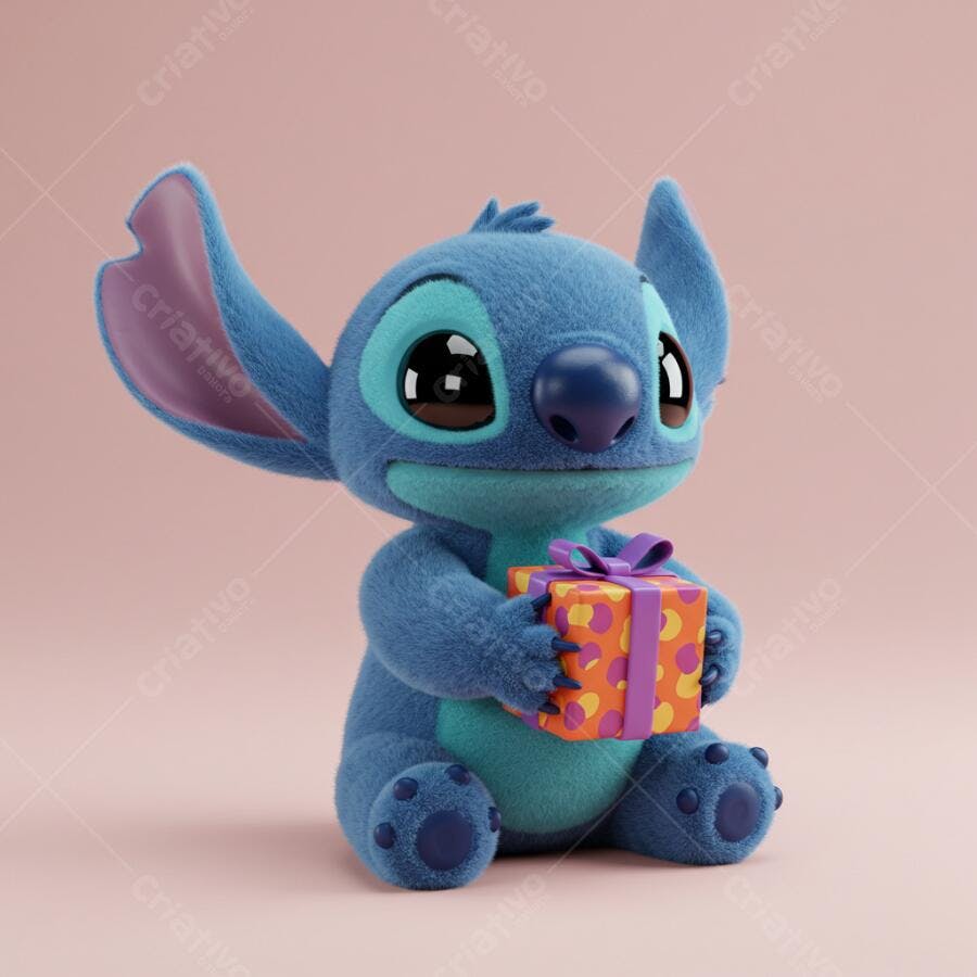 Stitch com presente azul e laranja
