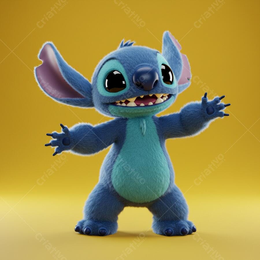 Stitch personagem animado braços abertos fundo amarelo