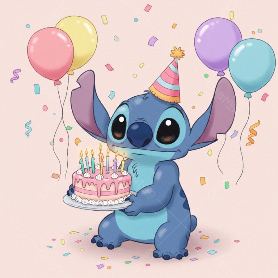 Stitch com bolo de aniversário e balões
