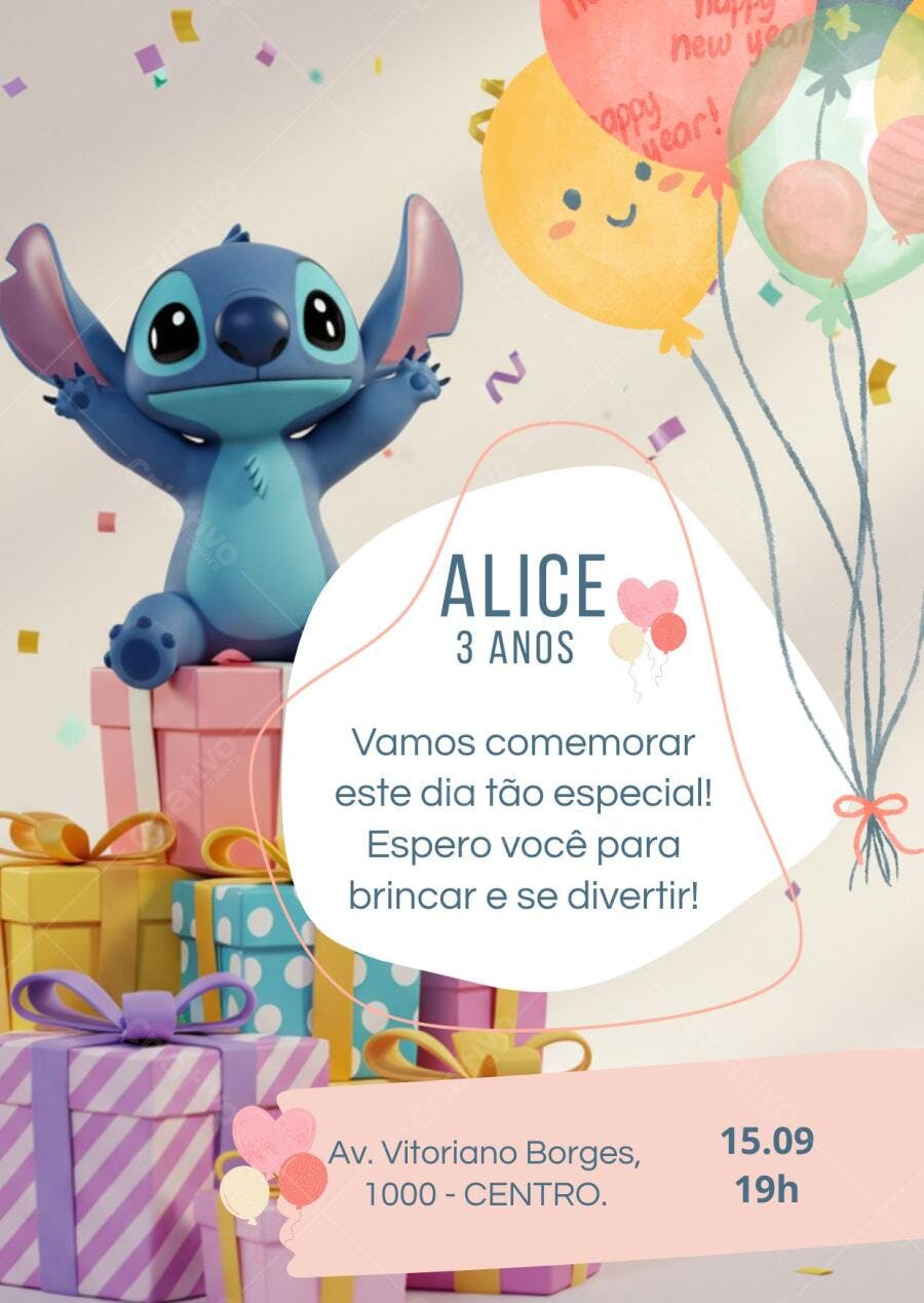 Convite de Aniversário Infantil Stitch com Balões e Presentes Editável no Canva