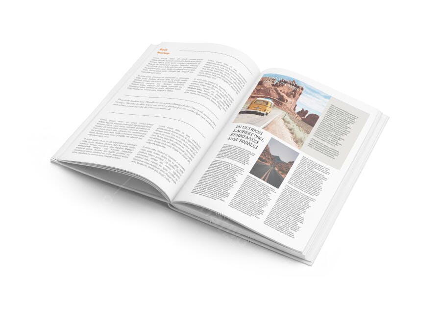 Mockup de Livro Aberto com Design Moderno e Fotos de Viagem