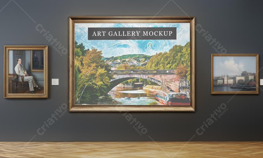 Mockup de Arte em Galeria: Paisagem Pincelada em Moldura de Madeira