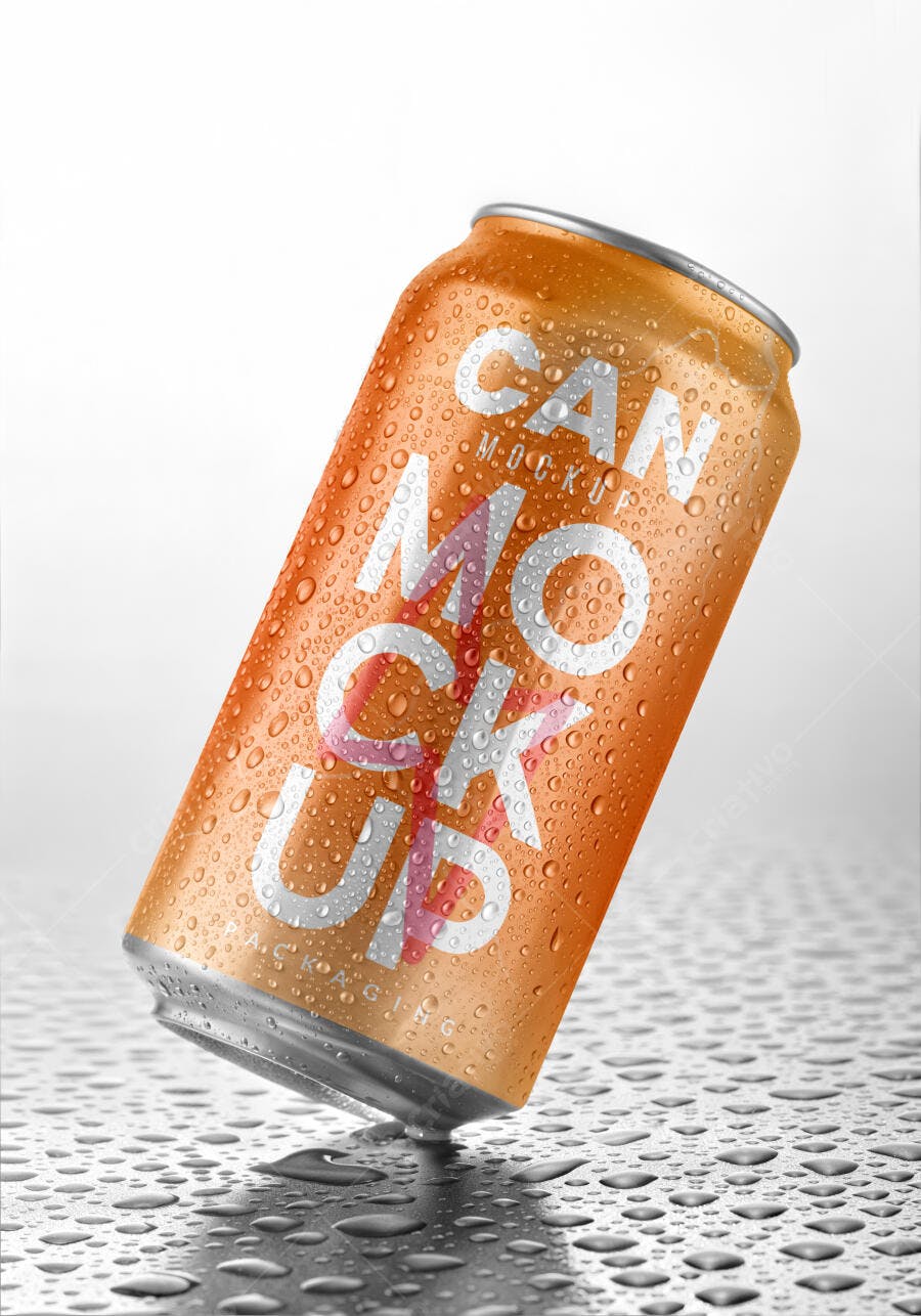 Mockup de Lata de Bebida com Gotas de Água - Design Moderno