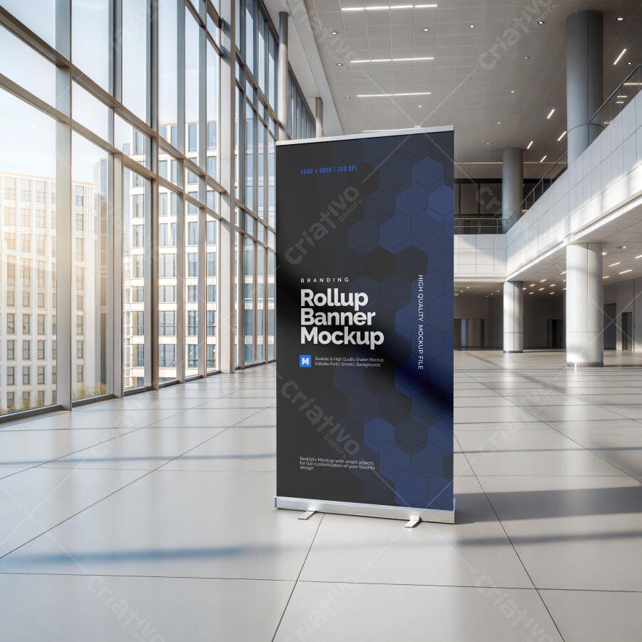 Mockup Realista de Banner Rollup em Hall Moderno