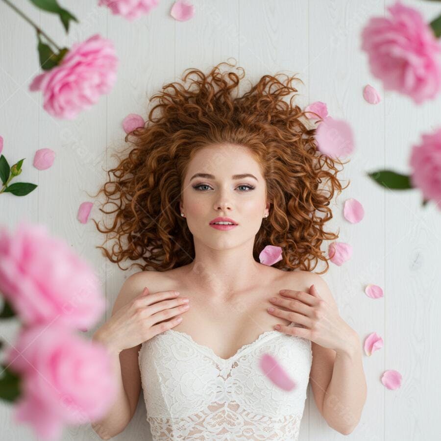 Mulher ruiva deitada em flores rosas