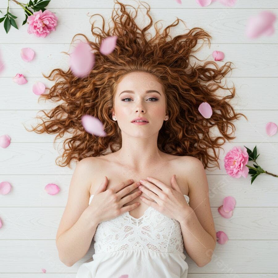 Mulher ruiva deitada em chão de madeira com pétalas de rosa