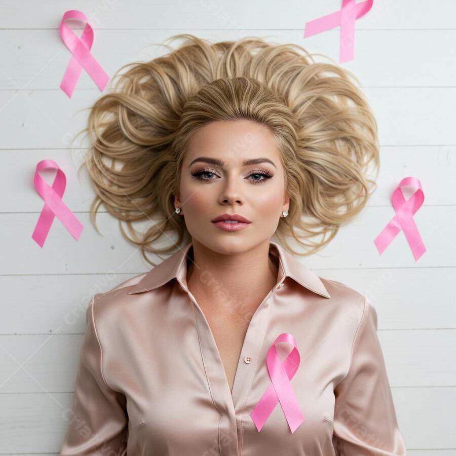 Mulher loira com laço rosa Outubro Rosa