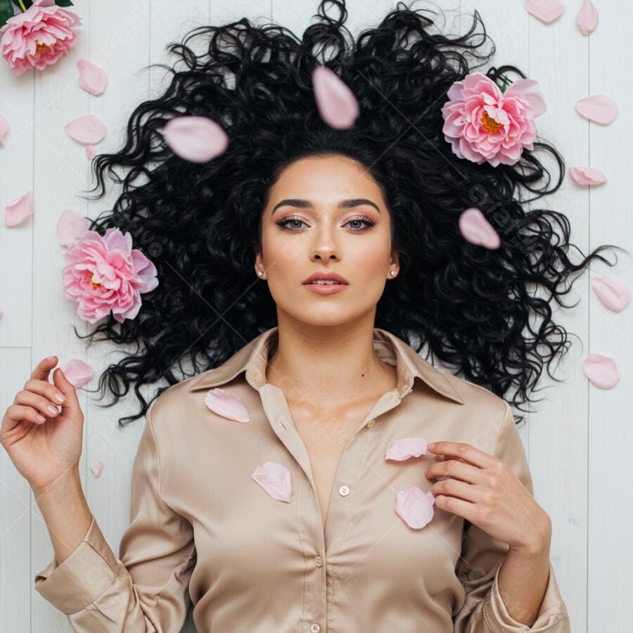 Modelo com cabelos cacheados e flores rosa