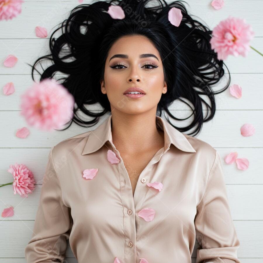 Modelo com cabelo negro usando blusa bege e pétalas rosas