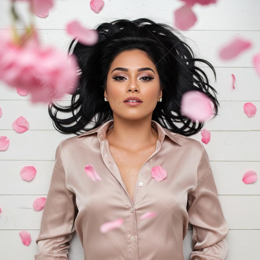 Modelo com cabelo escuro usando camisa rosa claro