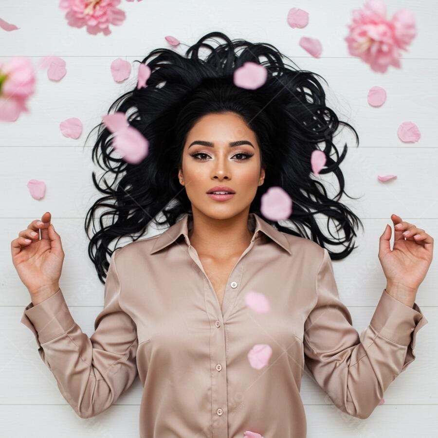 Modelo com cabelo negro usando camisa bege com pétalas rosa