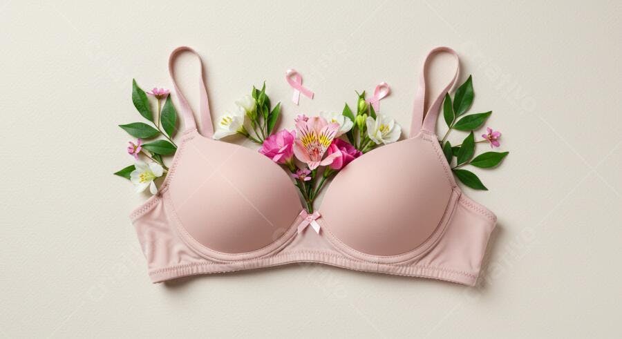 Sutiã rosa com flores e laços rosa