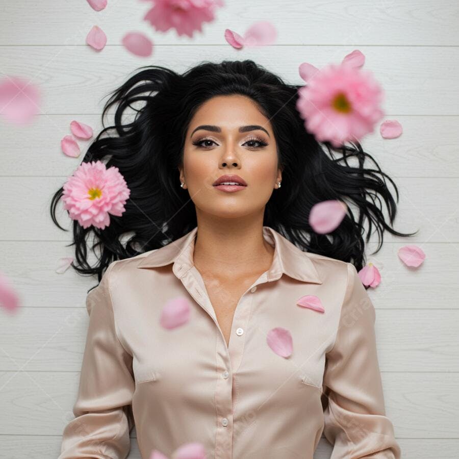 Modelo com cabelo negro usando blusa rosa e pétalas