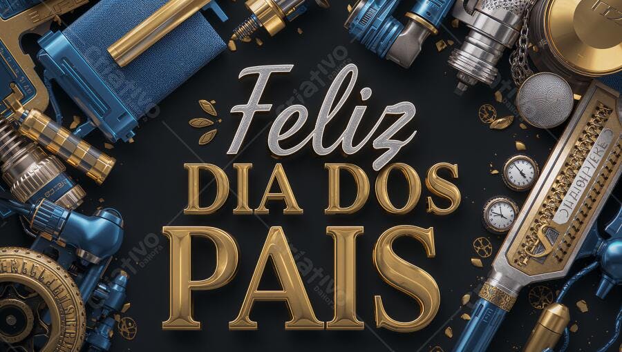 Feliz Dia dos Pais com engrenagem dourada e azul